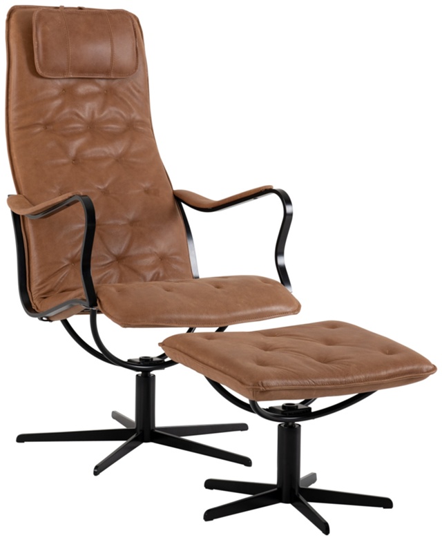 Chic Fåtölj med Pall Läder Vintage Cognac