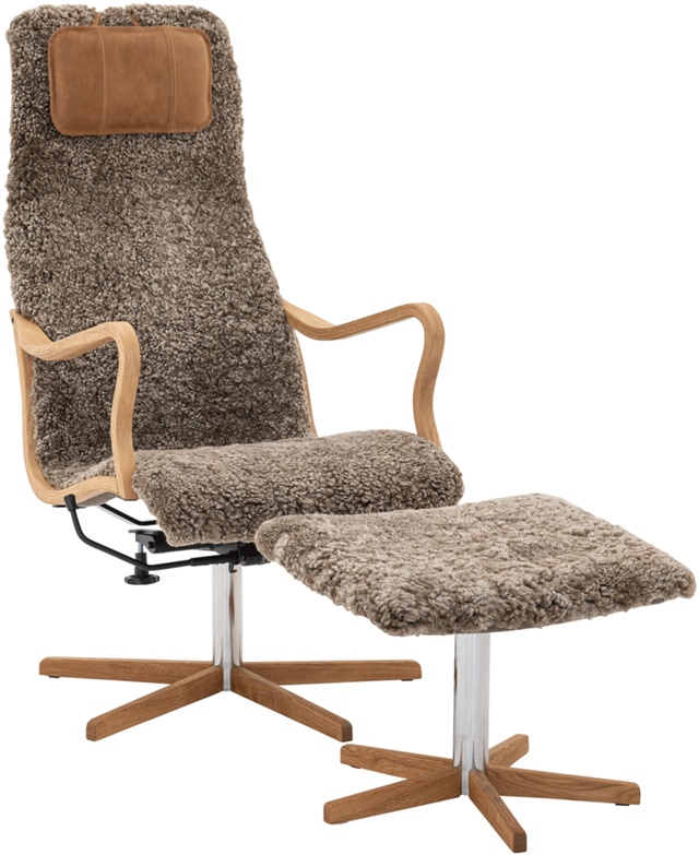 Chic fåtölj med fotpall Oljad ek/Fårskinn Skinnwille Nougat