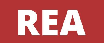 En röd bakgrund med texten REA i vitt.